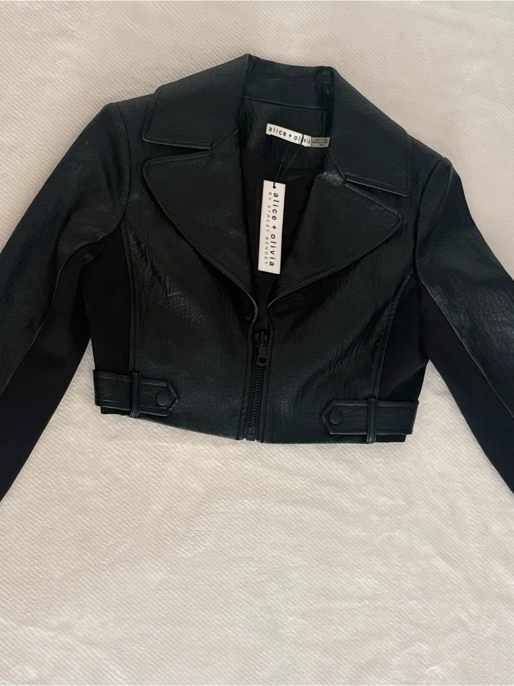 Alice + Olivia Black Cropped Leather Moto Jacket